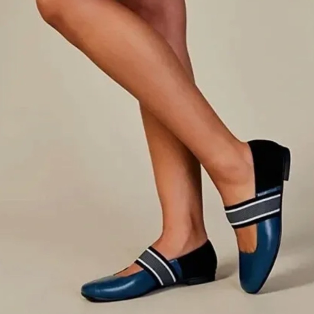 M. Gemi Ballere  Black Blue Leather & Suede Slip-on Maryjane Ballet Flat 37.5